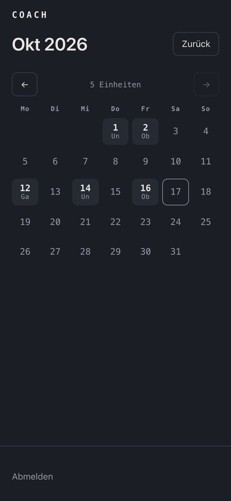Monatskalender mit Trainingstagen