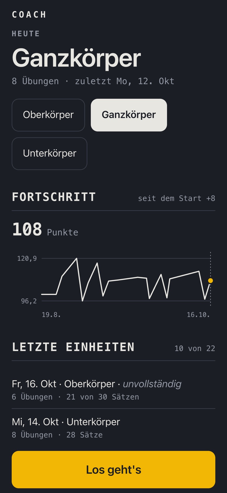 Startseite mit dem heutigen Trainingstag, Fortschrittskurve und den letzten Einheiten