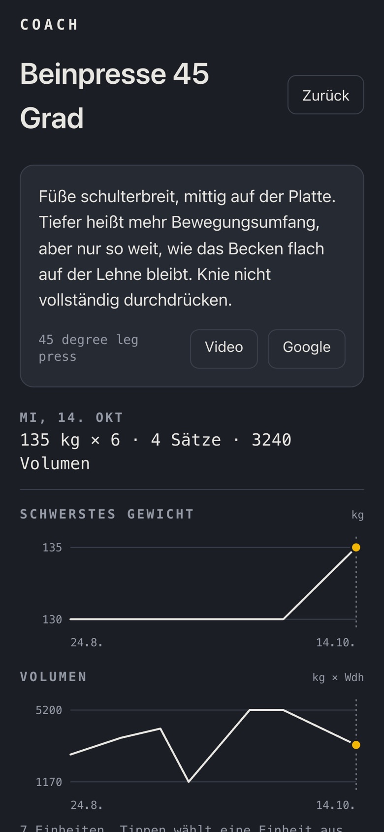 Verlauf einer Übung mit Diagrammen für Gewicht und Volumen